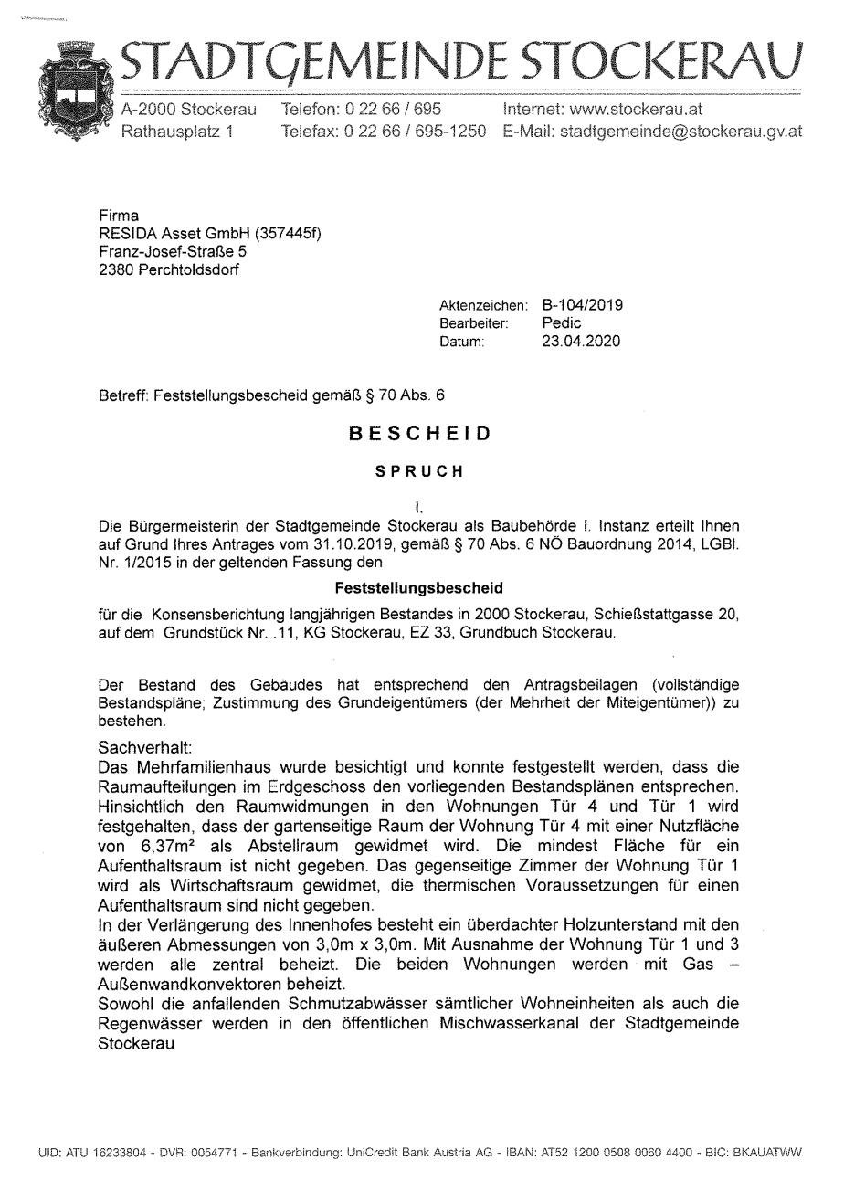 Baubescheid / Feststellungsverfahren Seite 1