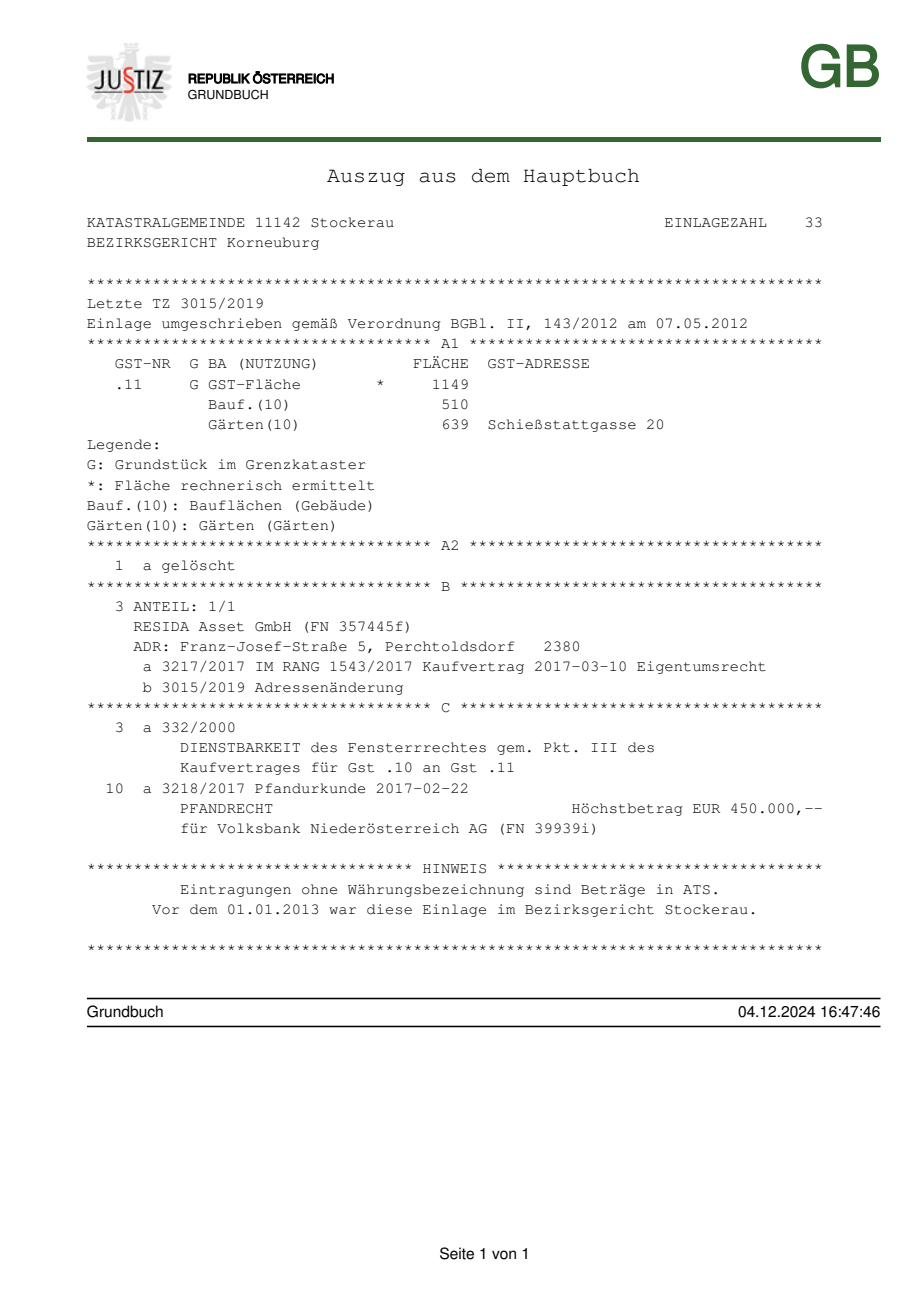 Grundbuchauszug EZ 33 Seite 1