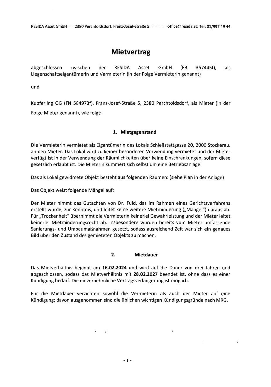 Mietvertrag Lokal – Kupferdachl Seite 1